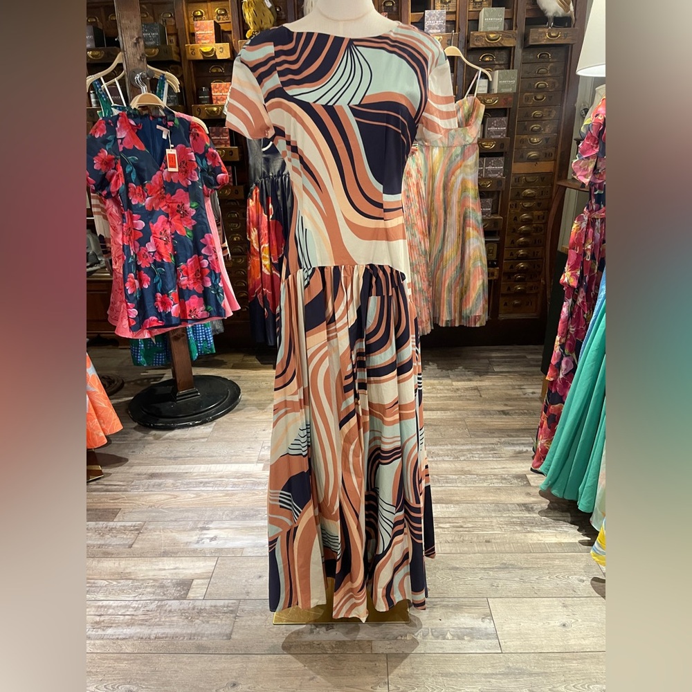 NWT Hutch Atley Dress in Wavy Geometric Multi Color Stretch Poplin in Size Small - Picture 9 of 13